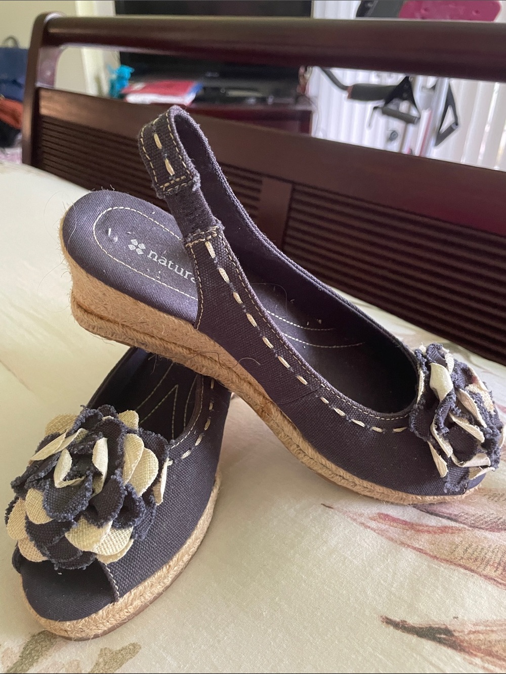 Naturalizer Black Canvas Slingback Espadrille Wedge with Two-Tone Flower